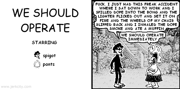 spigot: FUCK, I JUST HAD THIS FREAK ACCIDENT WHERE I SAT DOWN TO WORK AND I SPILLED DOPE INTO THE BONG AND THE LIGHTER FLICKED OUT AND SET IT ON FIRE AND THE WHEELS OF MY CHAIR SLIPPED BACK AND I INHALED THE DOPE SMOKE AND ATE A MUFFIN
pants: WE SHOULD OPERATE IMMEDIATELY