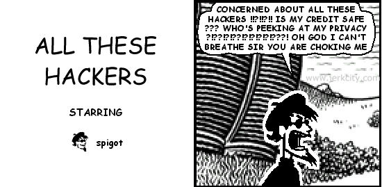 spigot: CONCERNED ABOUT ALL THESE HACKERS !!?!!?!! IS MY CREDIT SAFE ??? WHO'S PEEKING AT MY PRIVACY ?!??!?!??!?!?!?!?!???! OH GOD I CAN'T BREATHE SIR YOU ARE CHOKING ME
