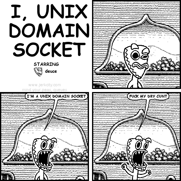 deuce: I'M A UNIX DOMAIN SOCKET
deuce: FUCK MY DRY CUNT