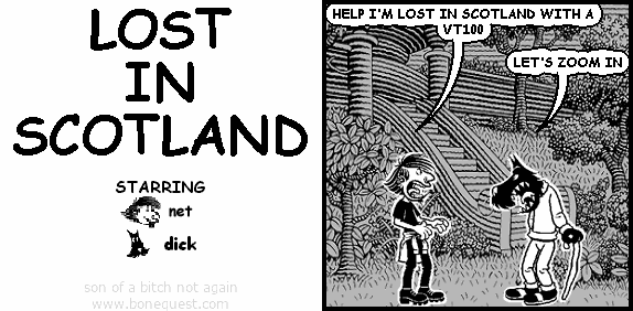 net: HELP I'M LOST IN SCOTLAND WITH A VT100
dick: LET'S ZOOM IN